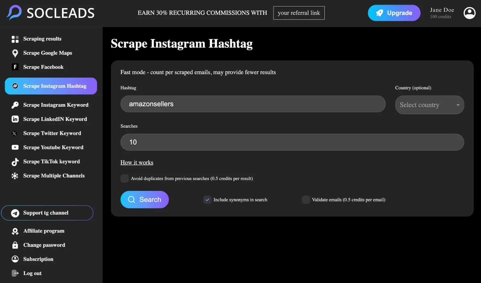 Navigate to the Instagram Email Scraper tool.