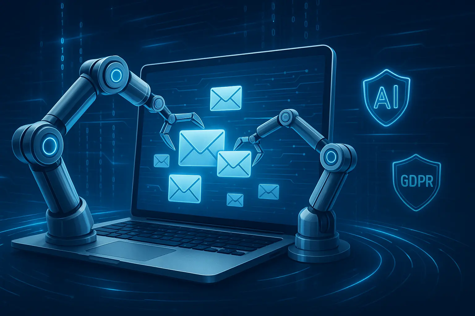 “Futuristic digital illustration of automated email scraping, featuring robotic arms collecting glowing email icons from a laptop screen. Surrounded by digital data streams, AI and GDPR shield icons, with a sleek blue and silver tech design—ideal visual for B2B automation content.”