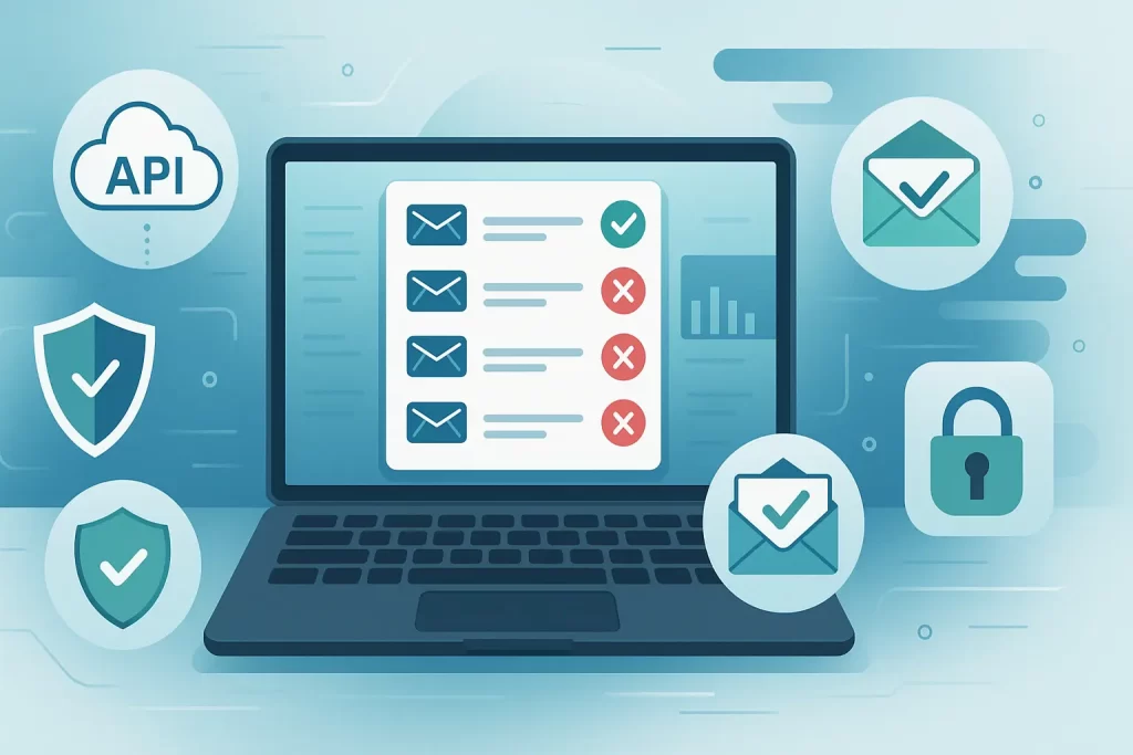 A modern digital illustration of email verification showing a checklist of verified and invalid emails on a laptop screen, surrounded by API, security, and analytics icons.