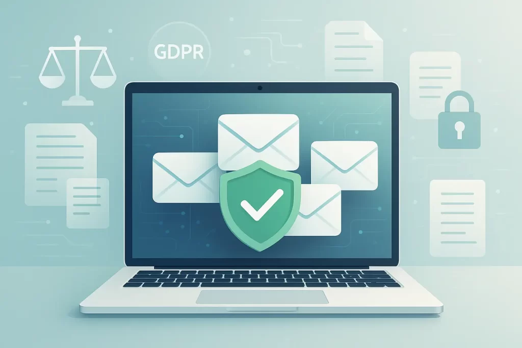 Modern illustration of ethical email scraping with verified email icons on a laptop, a green shield with checkmark, GDPR and privacy symbols on a clean background.
