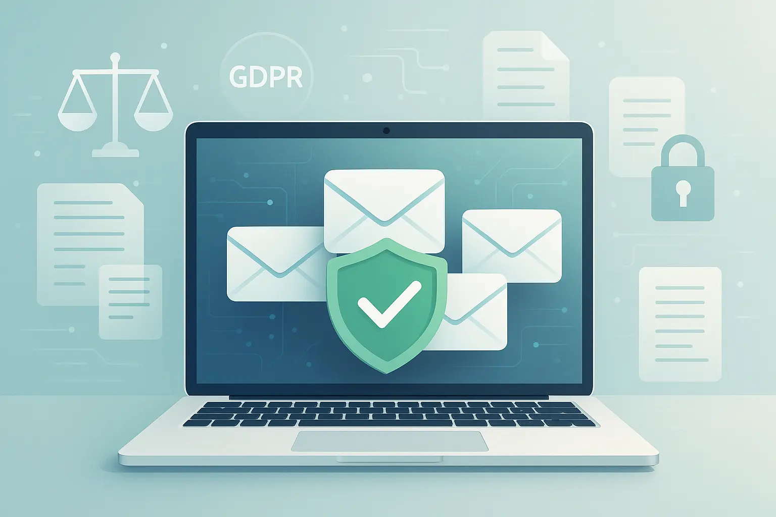 Modern illustration of ethical email scraping with verified email icons on a laptop, a green shield with checkmark, GDPR and privacy symbols on a clean background.
