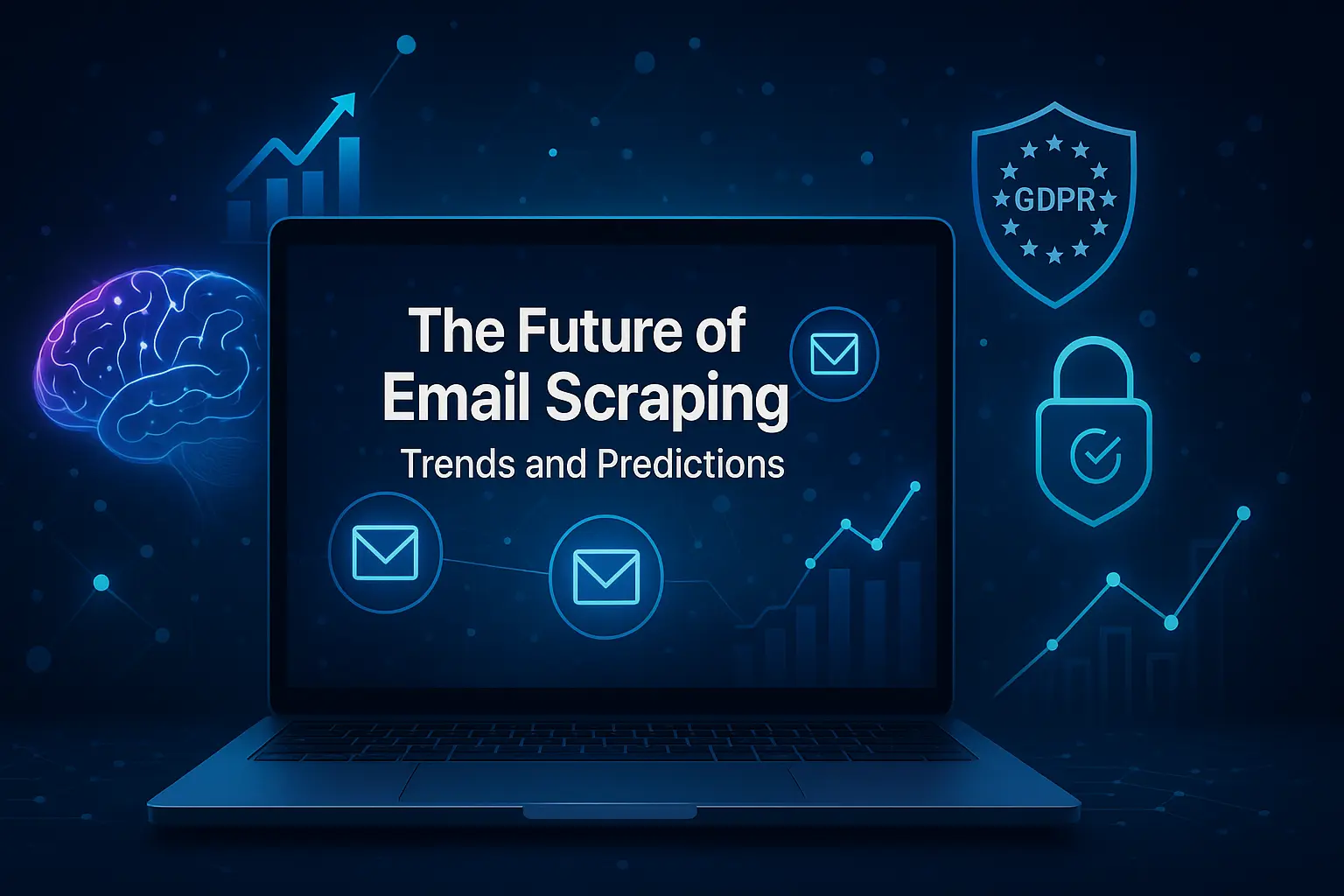 Futuristic illustration of email scraping with AI brain, GDPR shield, growth charts, and email icons on a laptop screen, symbolizing innovation and compliance.