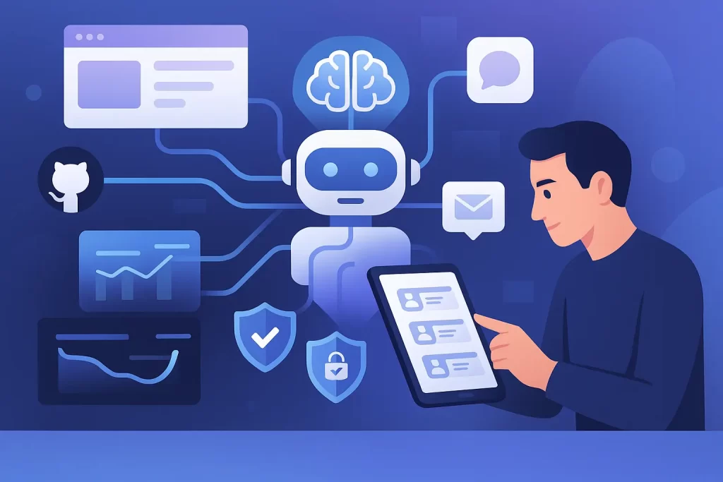 Digital illustration showing an AI brain interacting with LinkedIn, GitHub, website, and social icons, with flowcharts, analytics dashboard (bounce rates down, data quality up), GDPR shields, and a marketer reviewing enriched leads on a tablet.