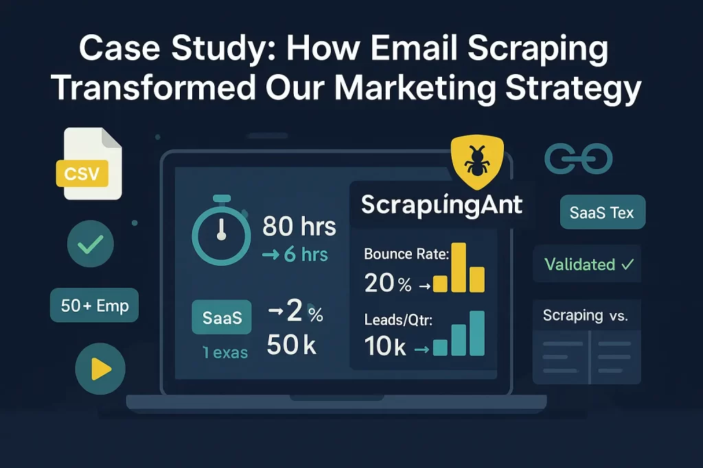 Digital illustration showing a laptop dashboard with metrics “80 hrs → 6 hrs” and “Bounce Rate: 20 % → 2 %,” surrounded by icons for CSV files, API connections, ScrapingAnt badge, and a mini table comparing “Scraping vs. Manual,” set against a dark blue background with teal and green accents.
