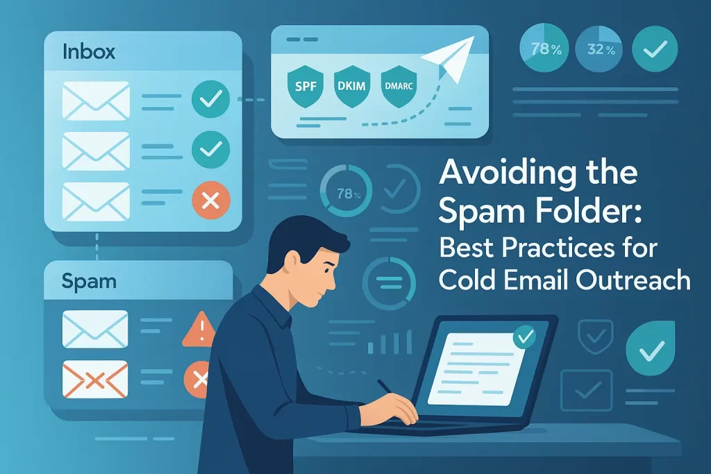 Modern flat-style digital illustration showing email deliverability concepts with an inbox receiving emails marked with green checkmarks, a spam folder with red warning icons, a marketer writing personalized emails on a laptop, and a dashboard displaying SPF, DKIM, and DMARC shields along with email analytics.