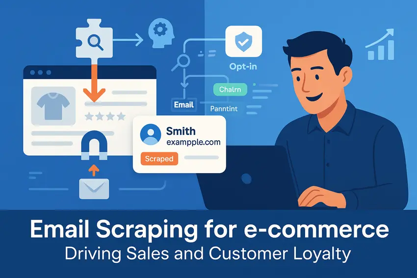 Flat digital illustration showing email scraping process for e-commerce, including data pipelines, verified emails, customer loyalty metrics, and a marketer reviewing leads on a laptop.