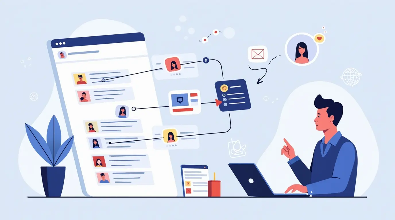 A marketer at a laptop monitors an abstract social-feed panel where envelope icons are lifted out of message bubbles, transform into clean data rows via flowing pipelines into an analytics dashboard showing “bounce rate ↓,” “emails verified ✓,” and an “Export CSV” button, with subtle compliance shields and proxy/fingerprint icons.