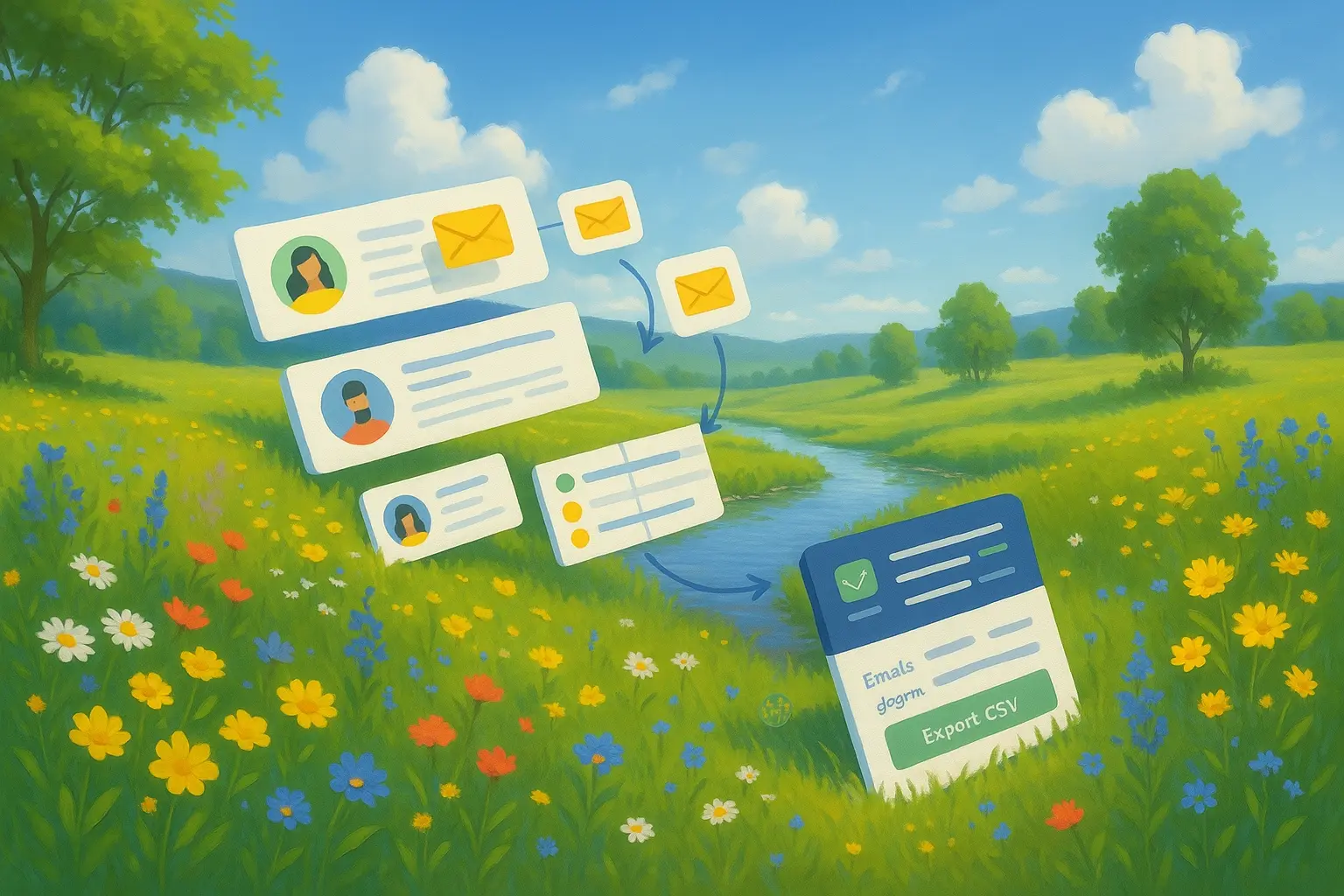 A flat-style digital painting of a lush meadow filled with wildflowers, rolling green hills, distant blue mountains, and a bright sky dotted with fluffy clouds.