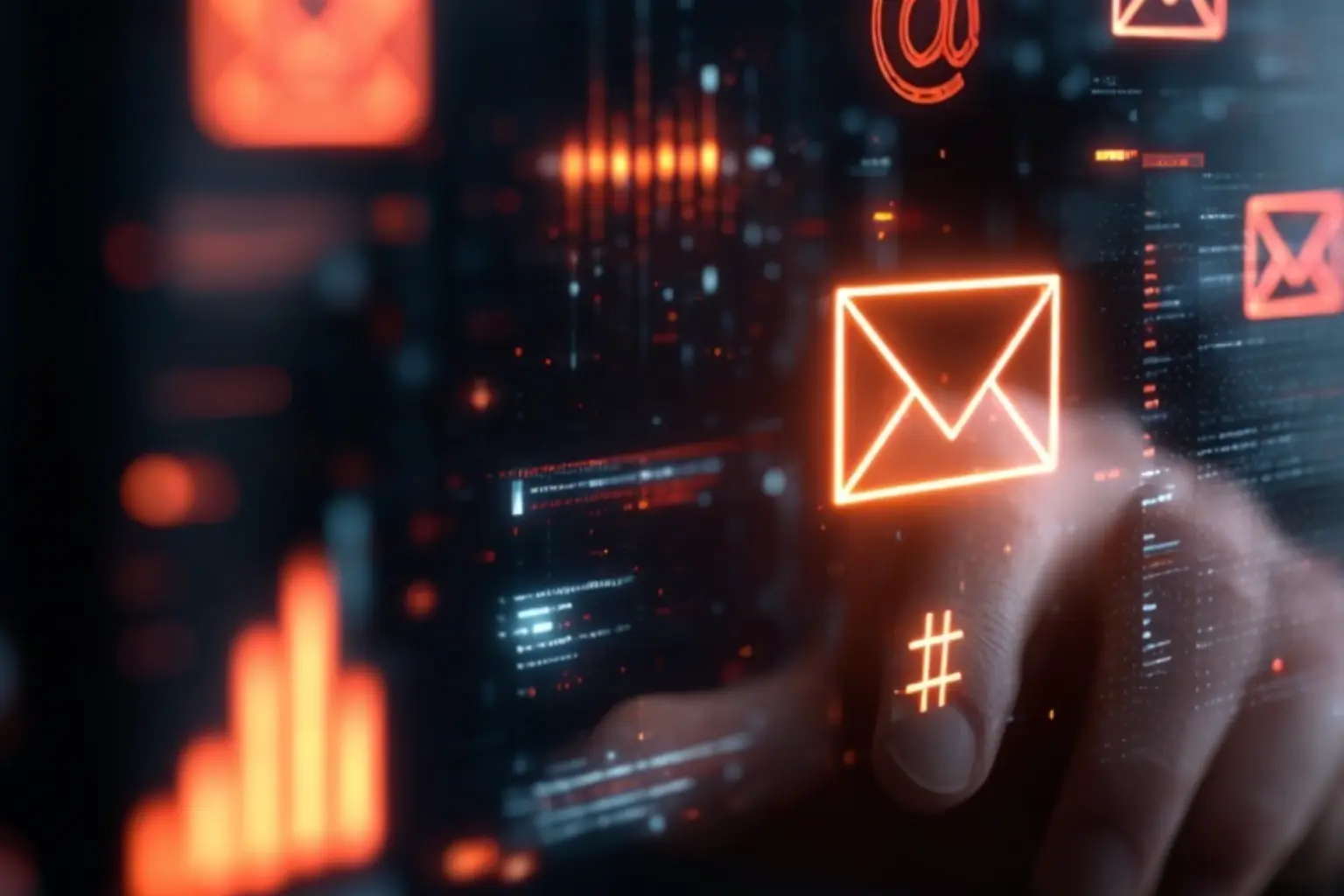 Futuristic marketer collecting email leads from a social media interface with data icons and charts