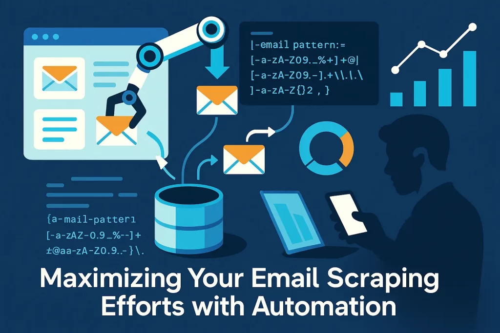 Flat-style illustration showing a robotic arm picking email icons from a web interface and placing them into a database cylinder, with regex code snippet, analytics charts, and a marketer silhouette using a tablet and smartphone.