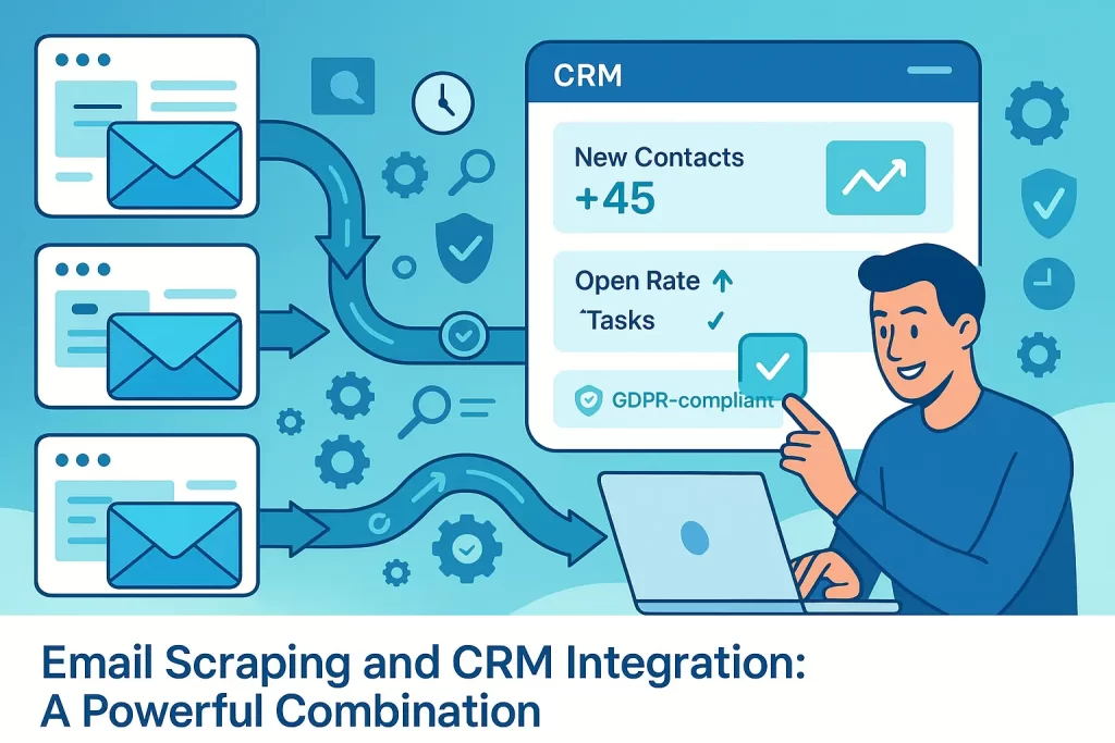 Abstract digital illustration showing email scraping workflow feeding into a CRM dashboard via data-pipeline arrows, with a salesperson reviewing enriched leads.