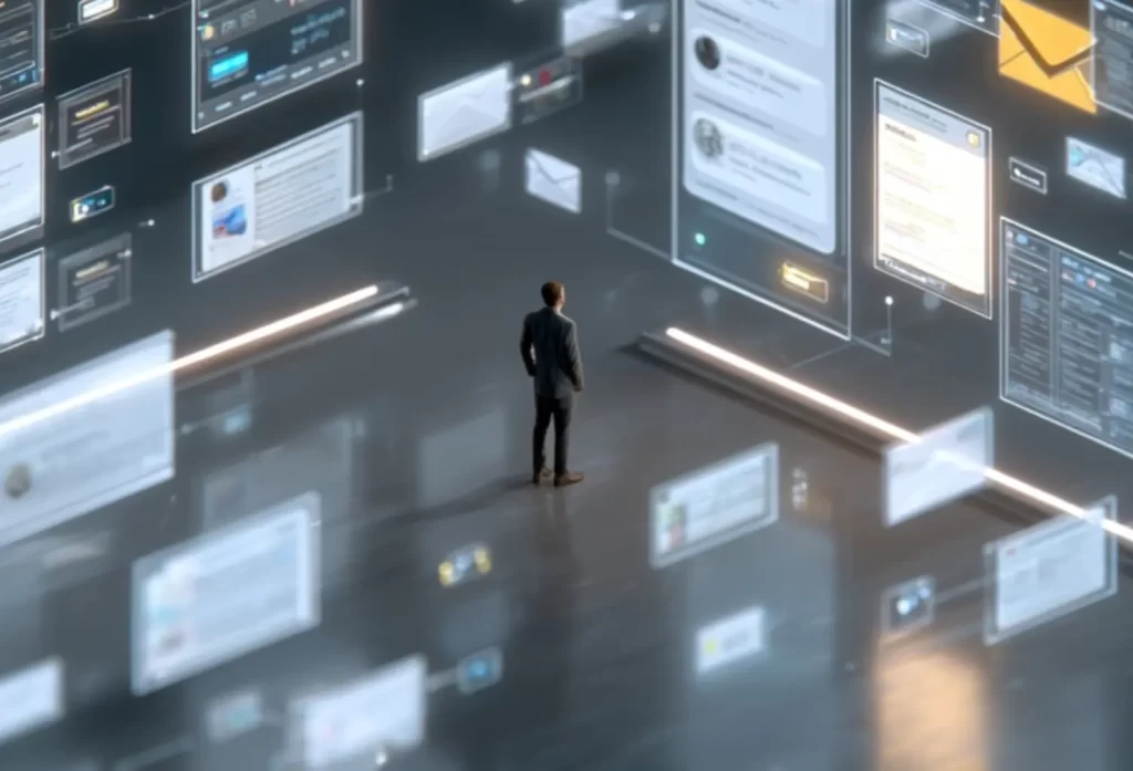 Digital illustration of a marketer extracting email leads from a professional networking interface with floating icons and data charts