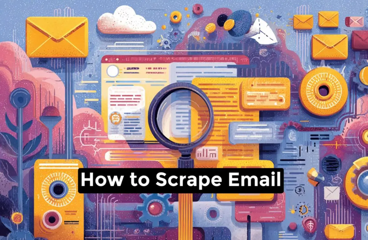 An illustration showing a magnifying glass over a webpage with email icons flowing into a database, symbolizing email scraping and data collection.