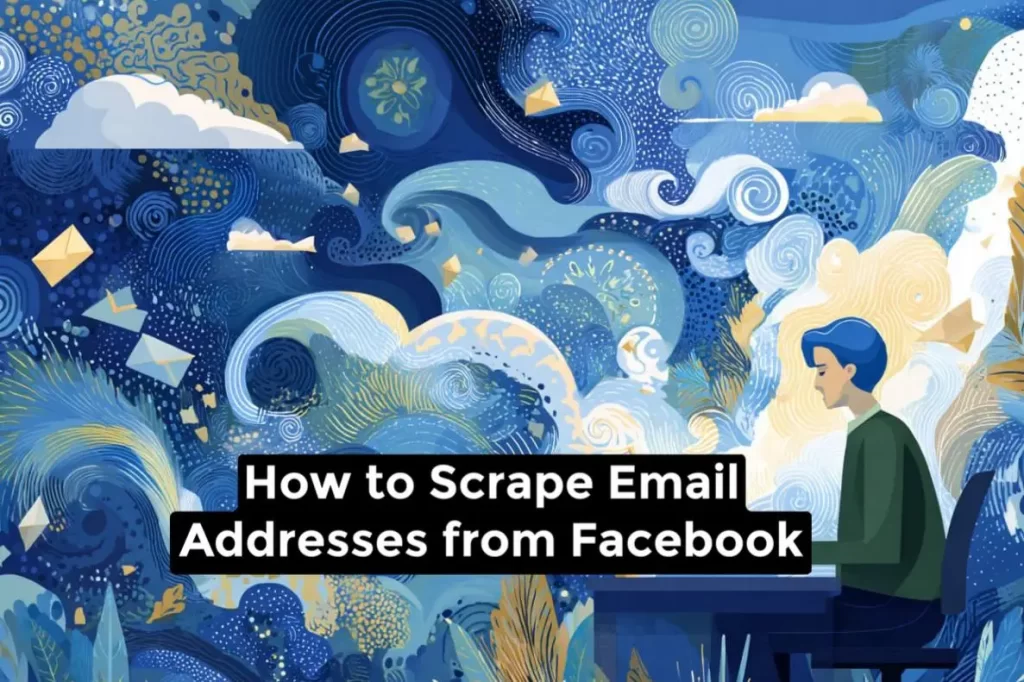 Illustration depicting email scraping from Facebook, featuring digital elements like email icons, Facebook logos, and a person working at a computer with coding scripts.