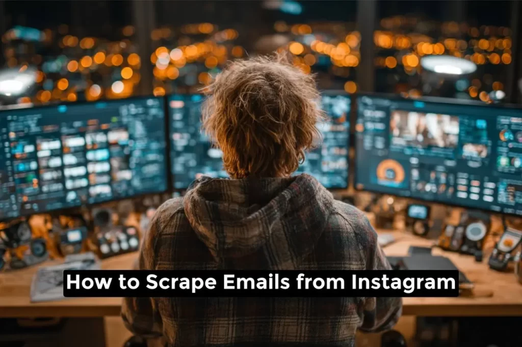 Person analyzing social media profiles and email data across multiple screens in a dark, tech-focused workspace