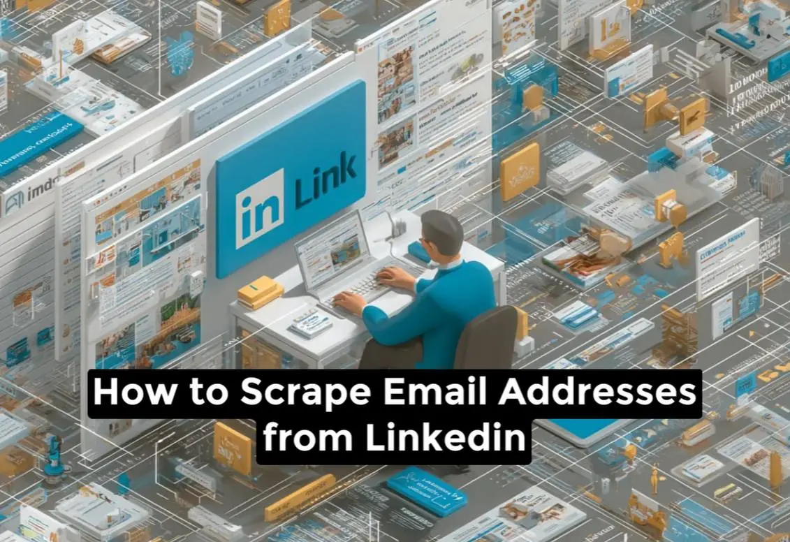Illustration depicting the process of scraping email addresses from LinkedIn, featuring digital elements like LinkedIn logos, profile icons, and email symbols.