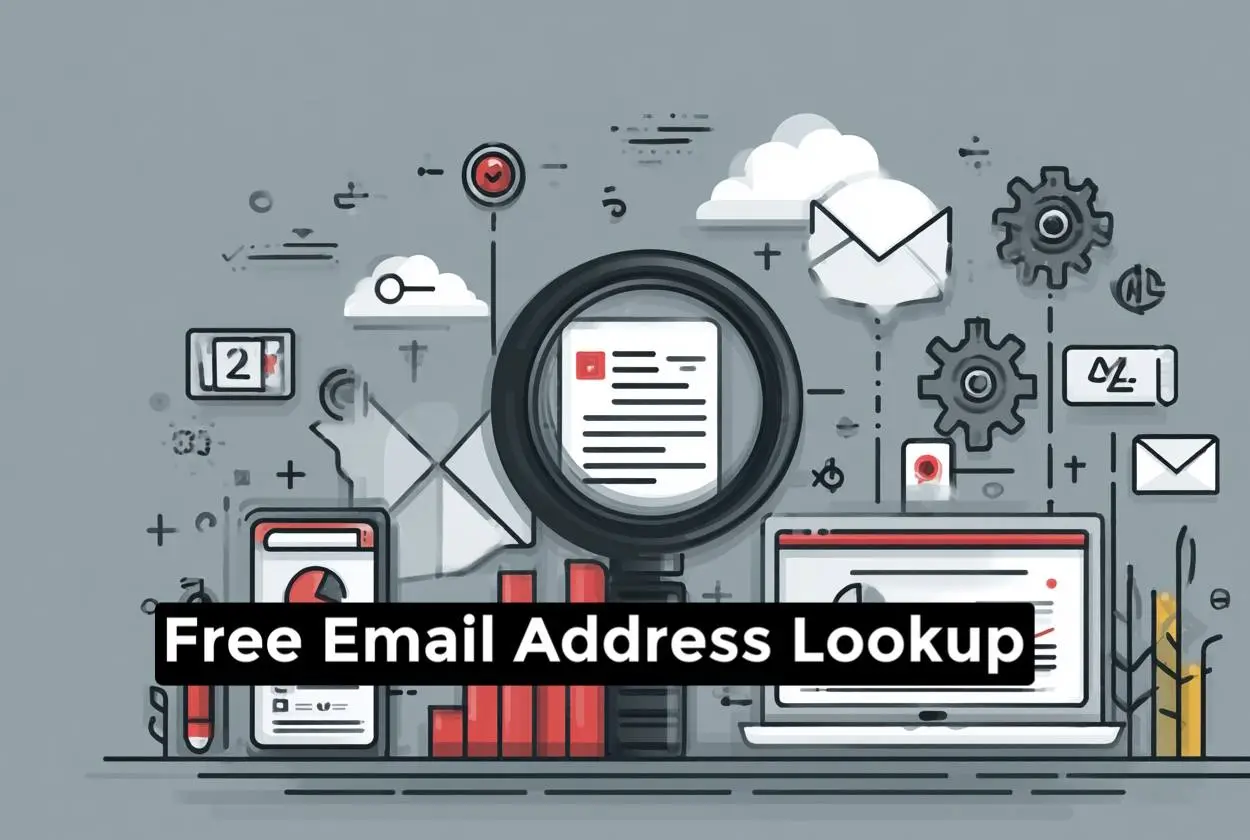 An illustration of a magnifying glass focusing on an email address list, surrounded by symbols representing small business growth such as graphs and network icons.