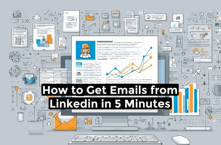 An illustration showing a LinkedIn profile on a computer screen with highlighted email addresses, surrounded by symbols of connectivity and business growth.