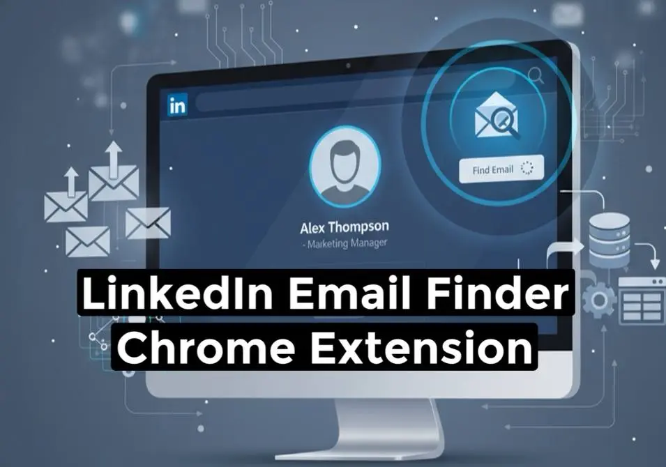 Illustration of a LinkedIn email finder Chrome extension on a computer screen, surrounded by symbols of email extraction and data automation.