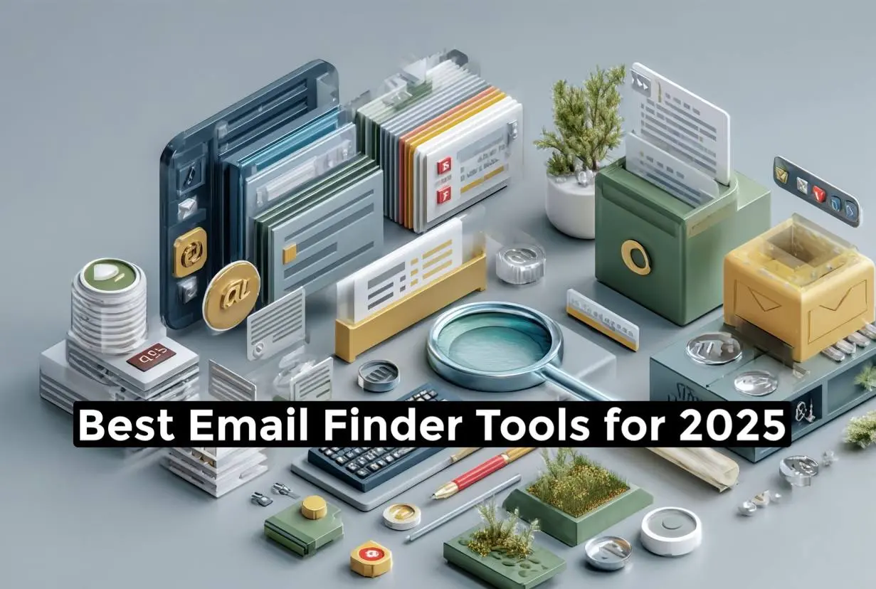 Futuristic digital illustration of email finder tools showing an interface with emails being extracted, surrounded by data streams and search-related icons.