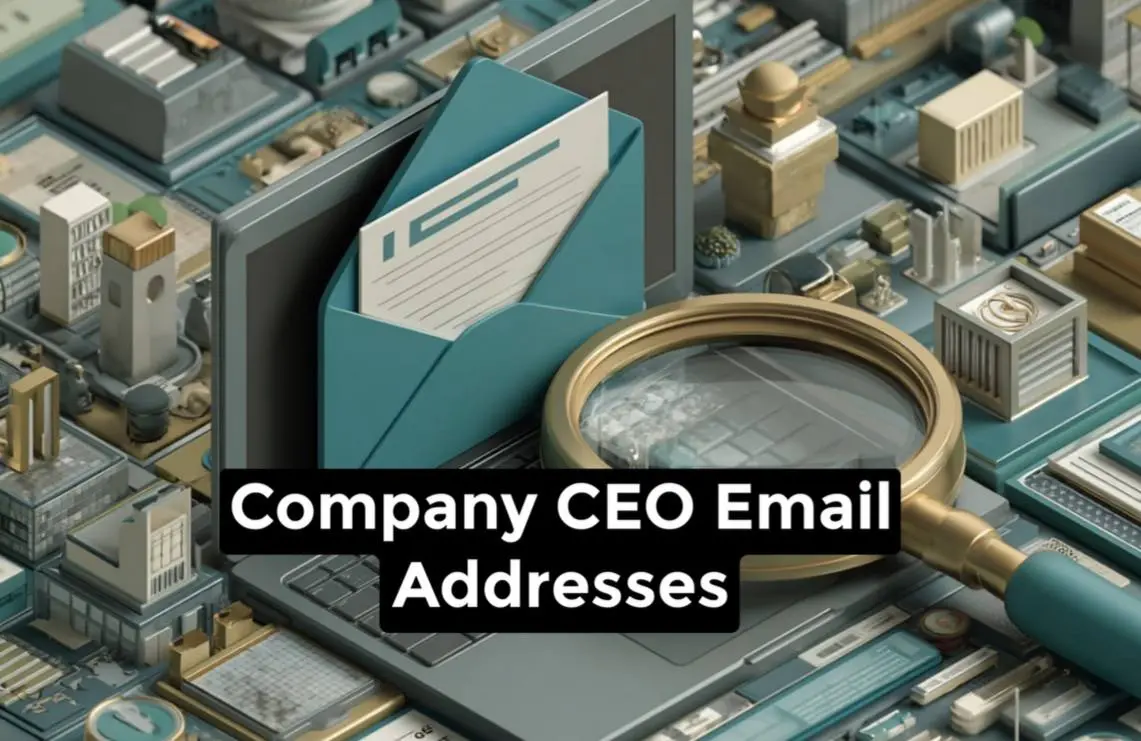 Illustration of a magnifying glass over an email icon, symbolizing ethical discovery and verification of CEO email addresses, with elements of a laptop, LinkedIn logo, and GDPR shield.