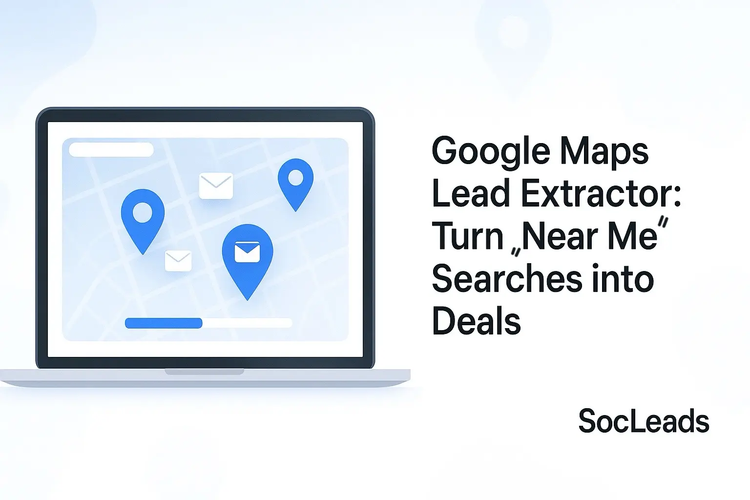 Minimalist illustration of a Google Maps interface with location pins and lead extraction elements for turning “near me” searches into business deals.
