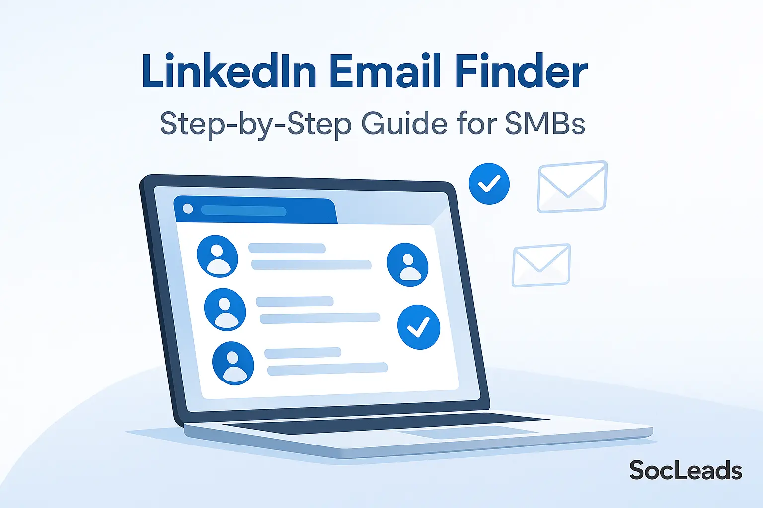 Laptop showing LinkedIn-style profile search and verified email icons, representing SMBs finding business emails using SocLeads.
