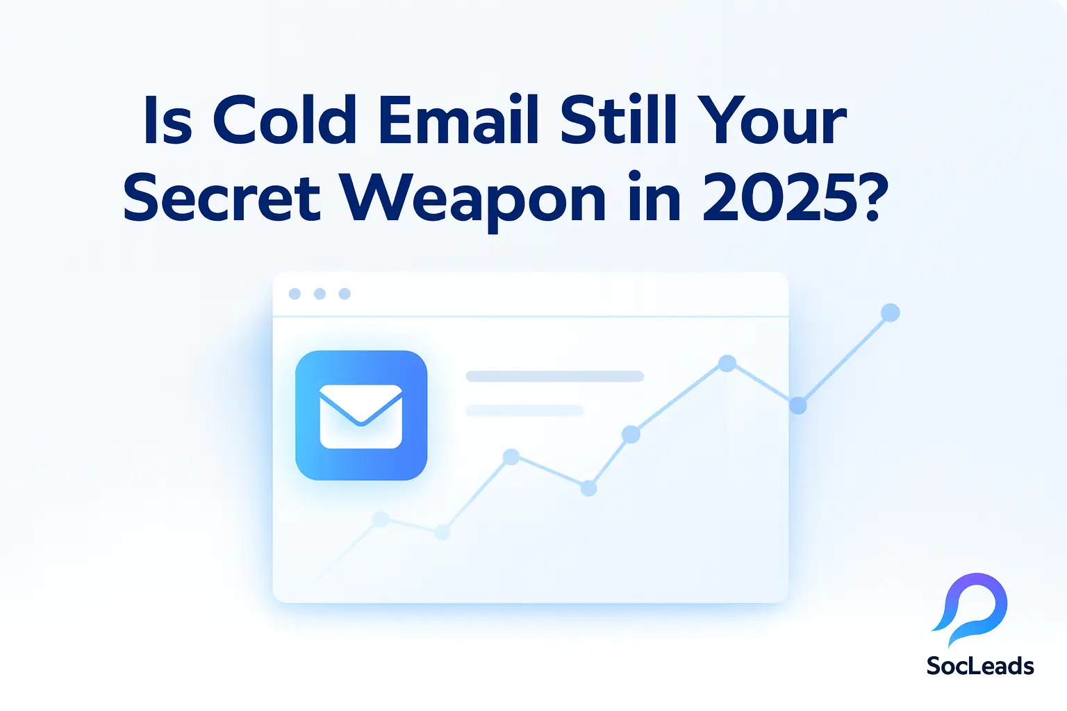 Minimalist illustration of an email inbox with a glowing envelope and rising analytic lines, representing cold email effectiveness in 2025.