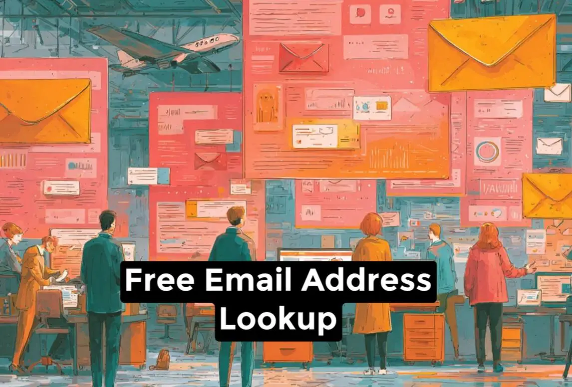 An illustration of a small business office with team members using technology to find and verify email addresses, featuring large screens with email icons and charts.