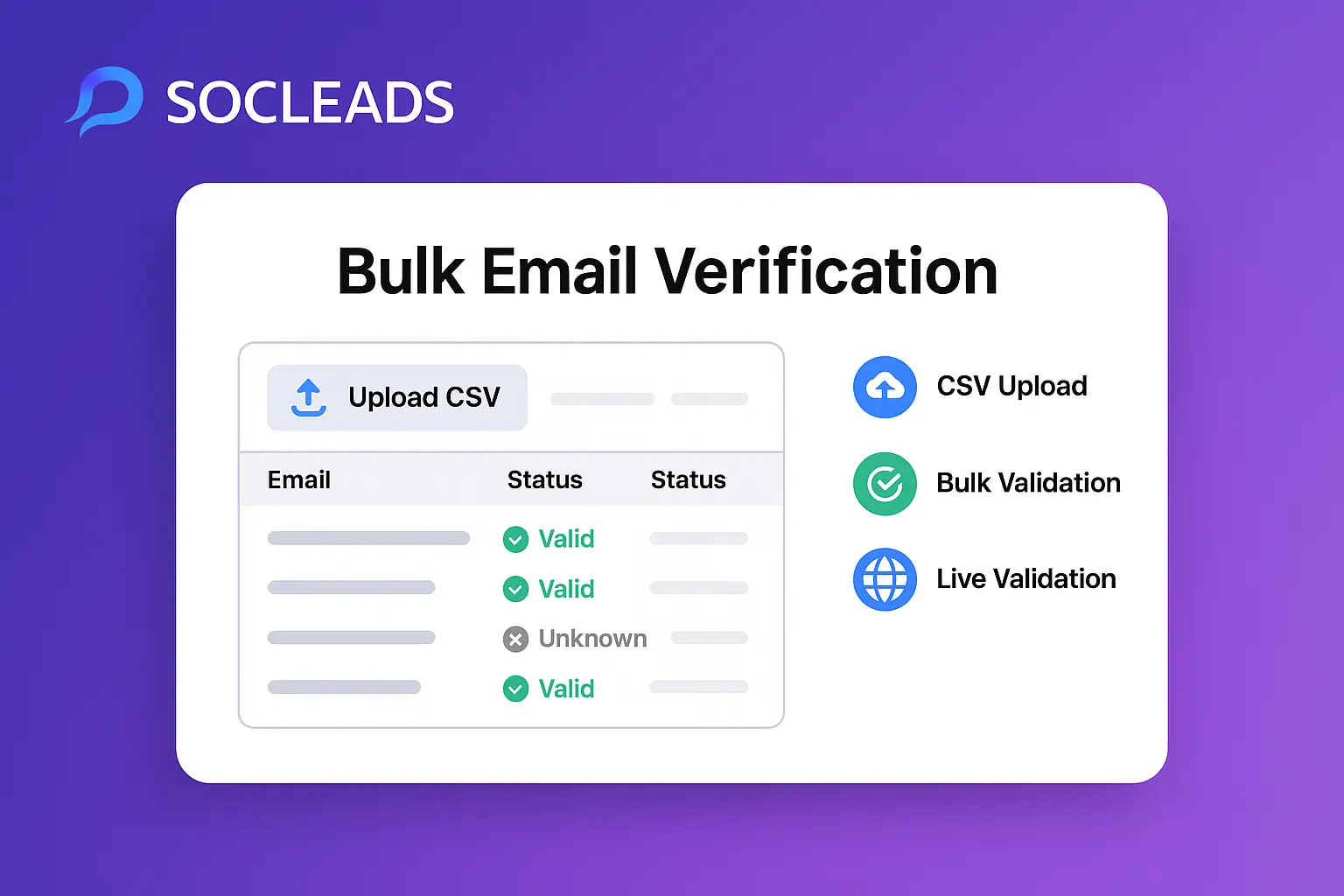 Minimalist 16:9 SaaS-style cover image showing a SocLeads dashboard interface with bulk email verification panels, CSV upload elements, live validation icons, and the SocLeads logo on a clean blue–white gradient background.