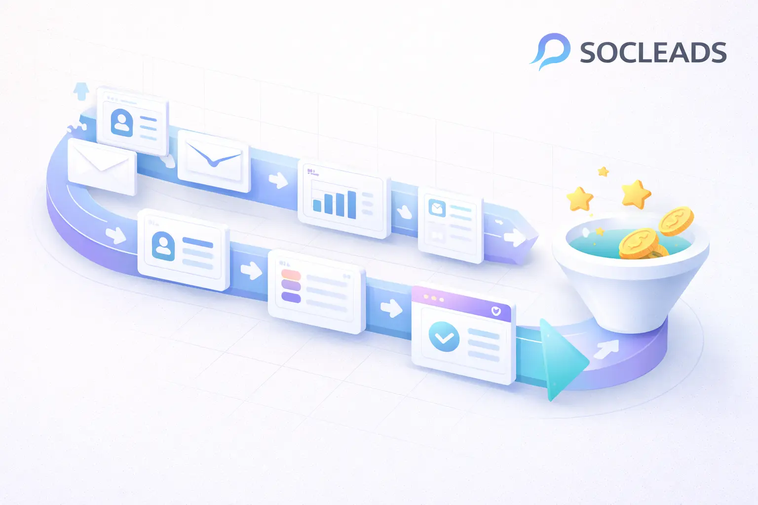 B2B email lead generation pipeline illustration by SocLeads.