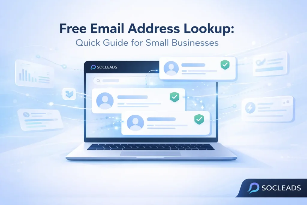 Illustration of a free email address lookup tool showing verified business emails and automated lead generation for small businesses by SocLeads