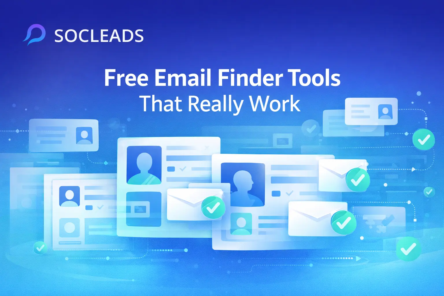 Illustration of free email finder tools showing verified business emails and automated lead generation by SocLeads