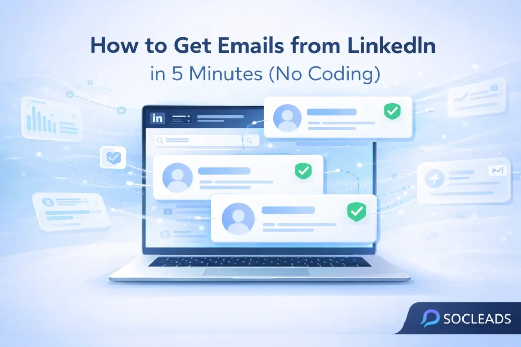 Illustration showing how to get emails from LinkedIn in 5 minutes without coding, featuring profile cards transforming into verified email addresses using SocLeads.