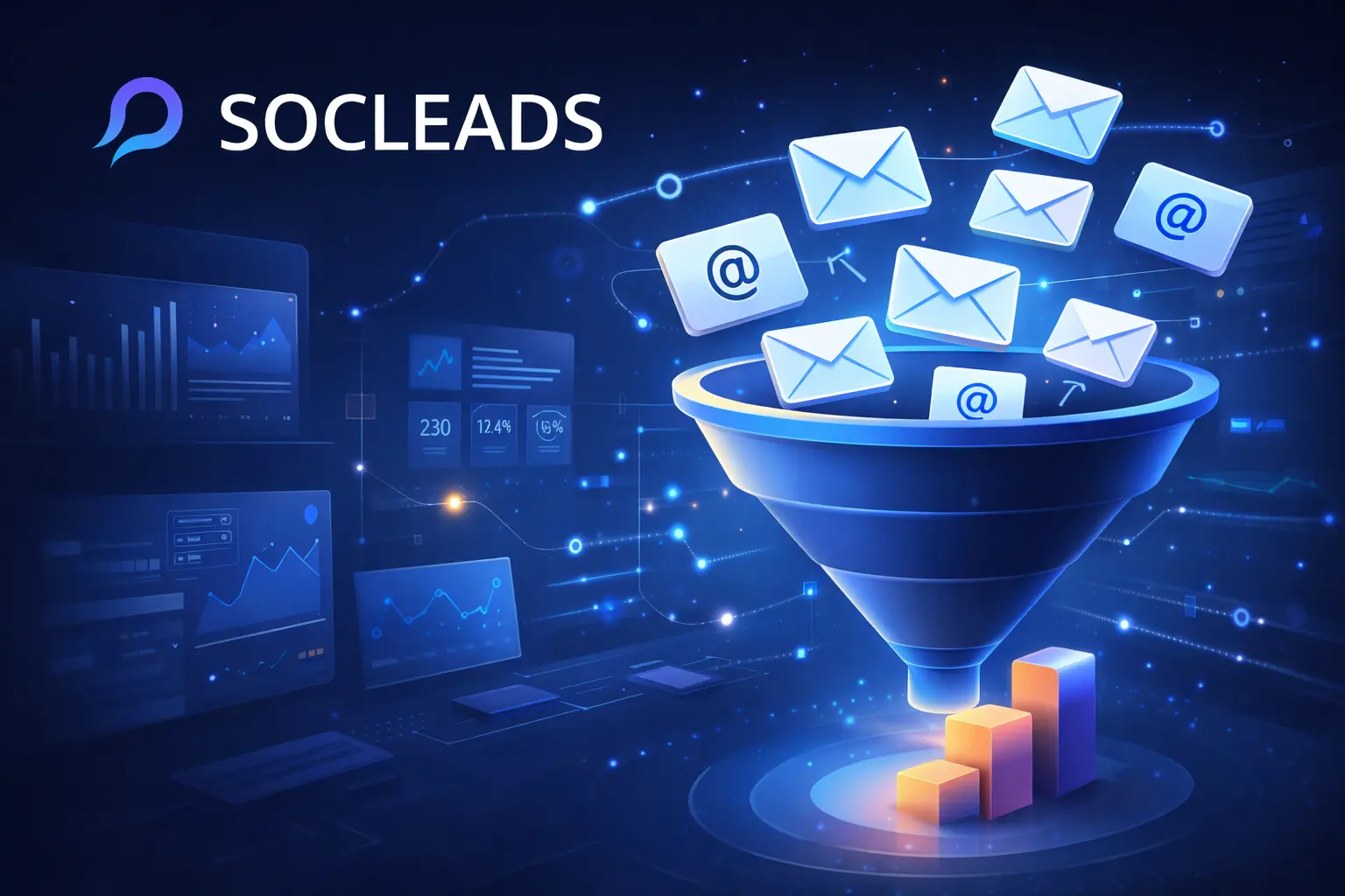 B2B email lead generation funnel illustration showing emails flowing into a sales pipeline with SocLeads branding