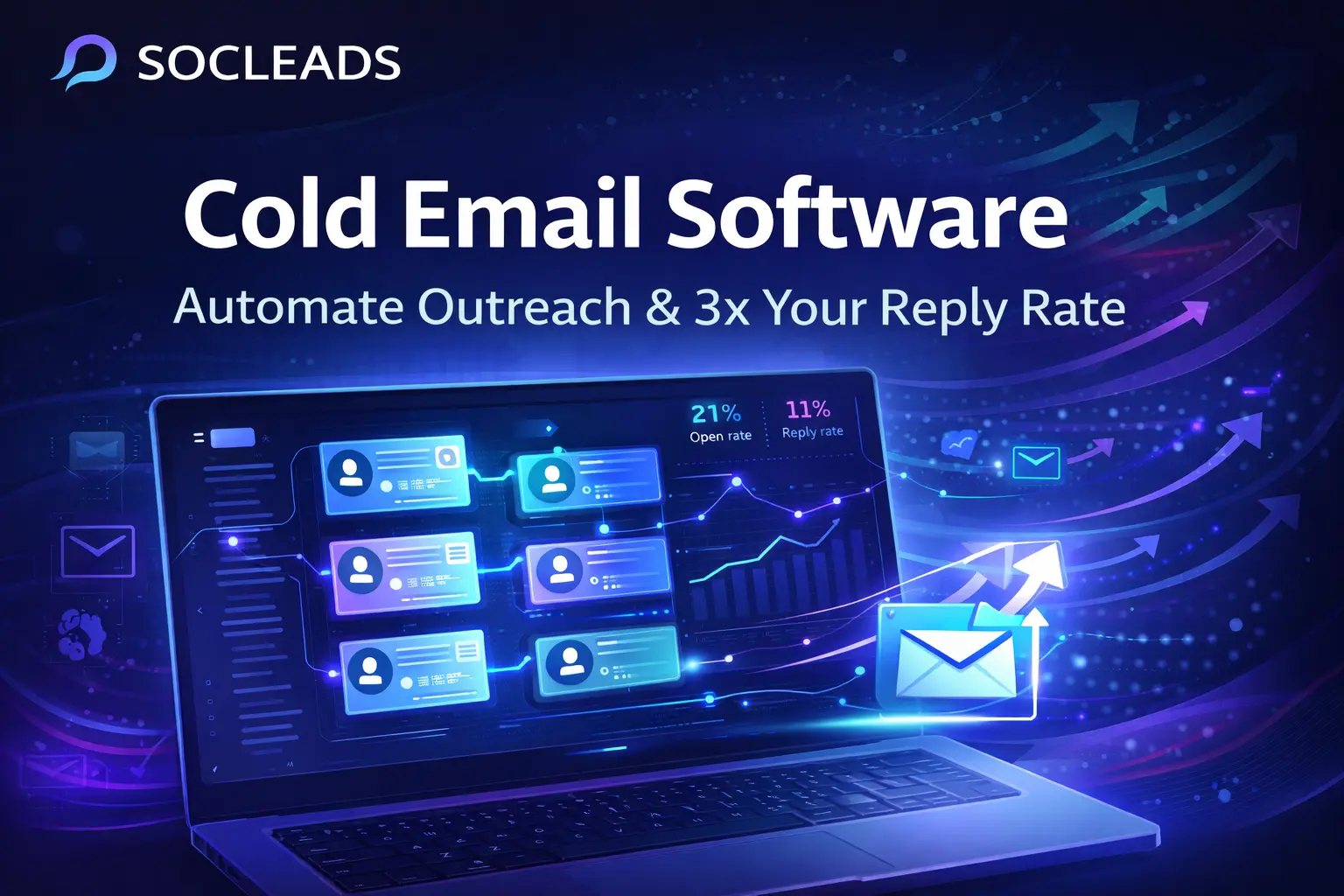 Cold email software dashboard showing automated outreach and reply rate growth