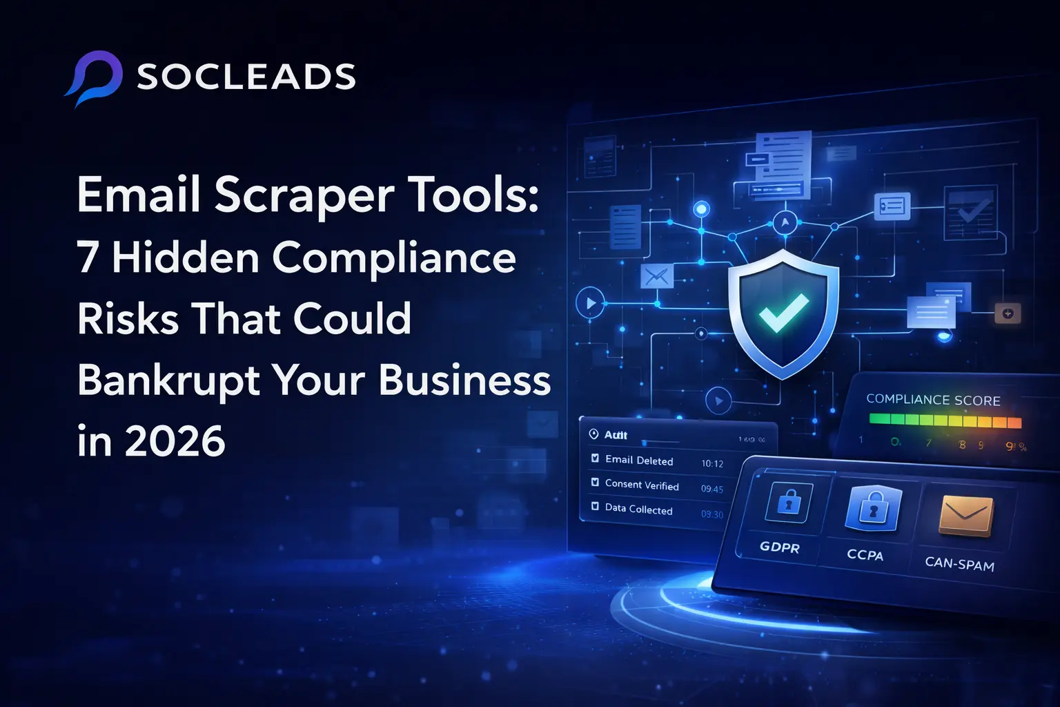 Premium B2B SaaS blog cover in landscape format showing a dark blue-to-indigo gradient background, a sleek compliance dashboard with secure data flow, shield icon with checkmark, audit log panel, compliance score, and document icons labeled GDPR, CCPA, CAN-SPAM; bold white title text on the left.