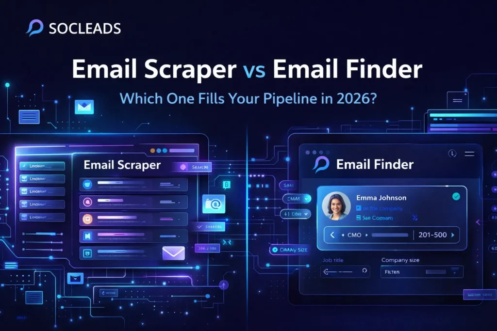 Email scraper vs email finder comparison showing bulk data extraction vs precise contact targeting in a modern SaaS dashboard