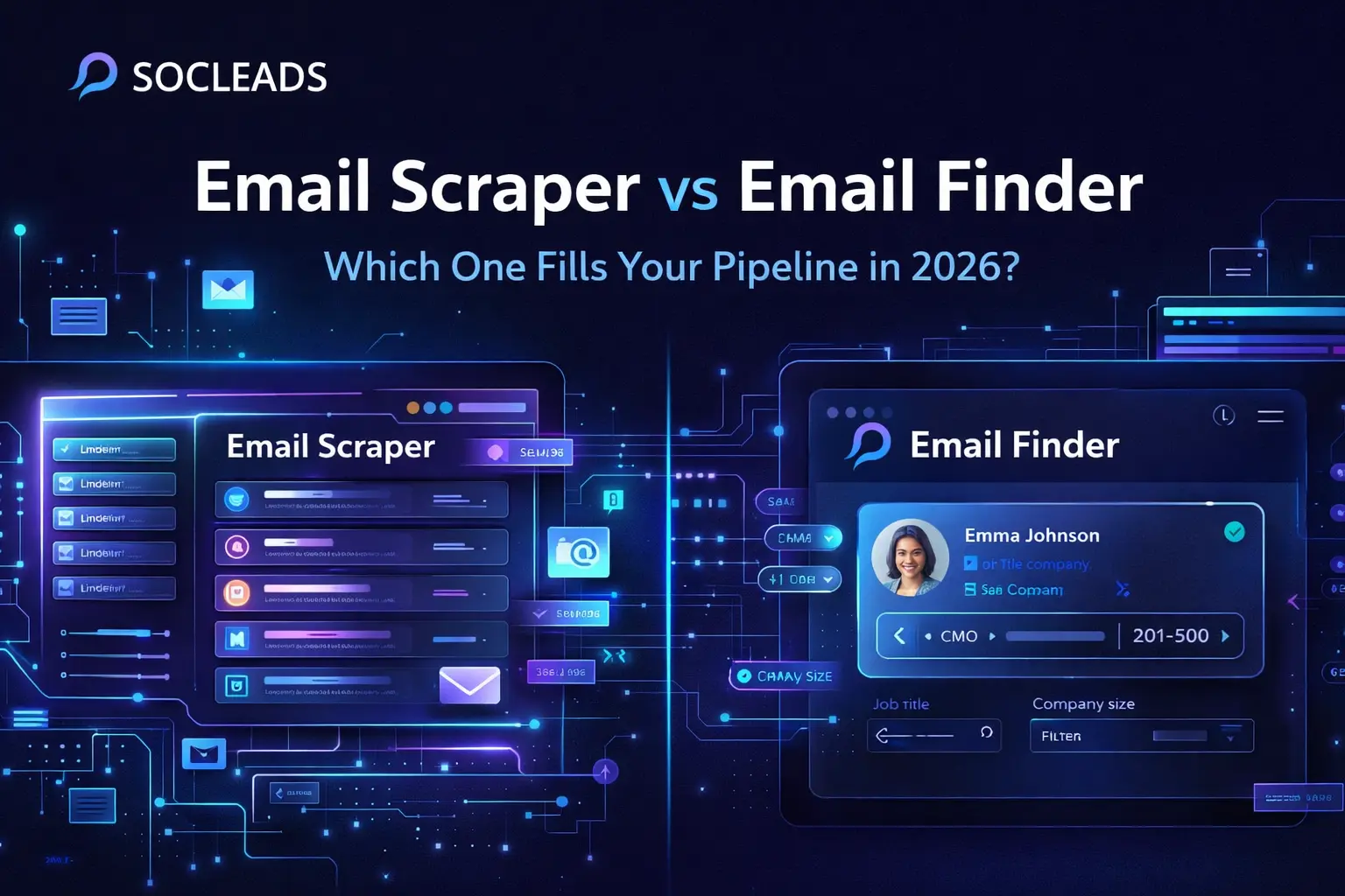 Email scraper vs email finder comparison showing bulk data extraction vs precise contact targeting in a modern SaaS dashboard