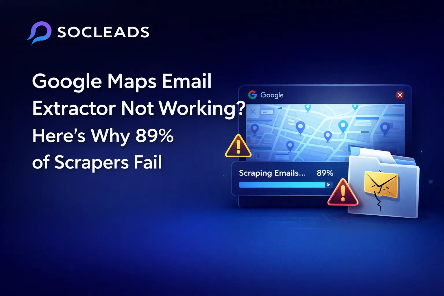 Google Maps email extractor not working cover image showing SocLeads logo, scraper stuck at 89 percent, warning icons, and broken email export illustration