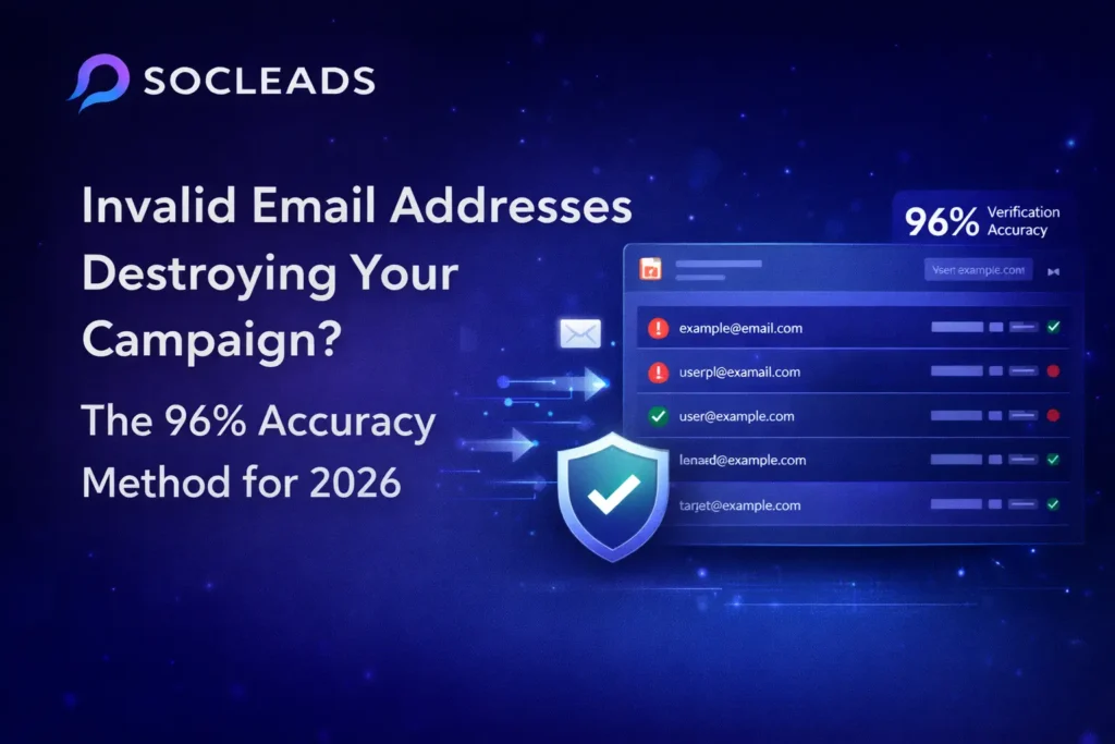Invalid email addresses verification dashboard showing valid and invalid emails with a 96 percent accuracy method to reduce email bounce rates.