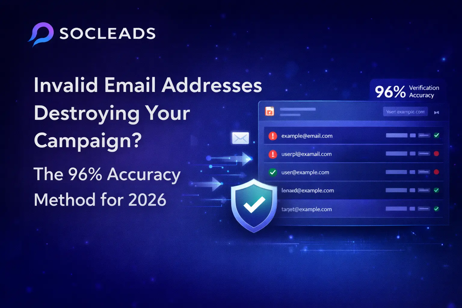 Invalid email addresses verification dashboard showing valid and invalid emails with a 96 percent accuracy method to reduce email bounce rates.
