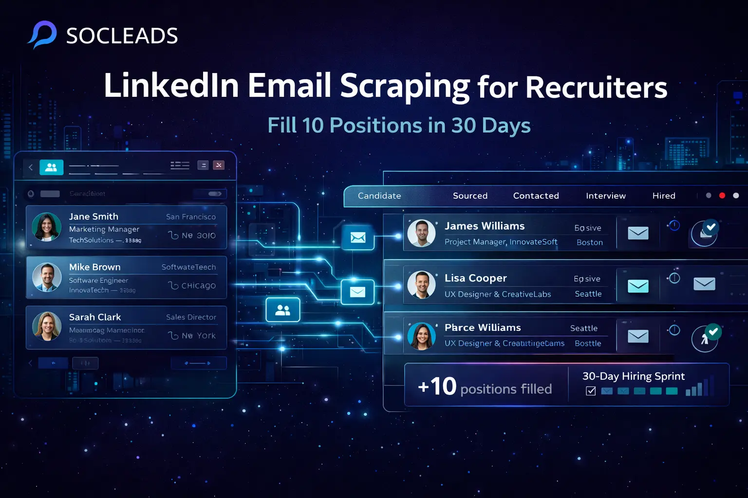 LinkedIn email scraping for recruiters illustration showing candidate sourcing, email extraction, and hiring pipeline filling 10 positions in 30 days