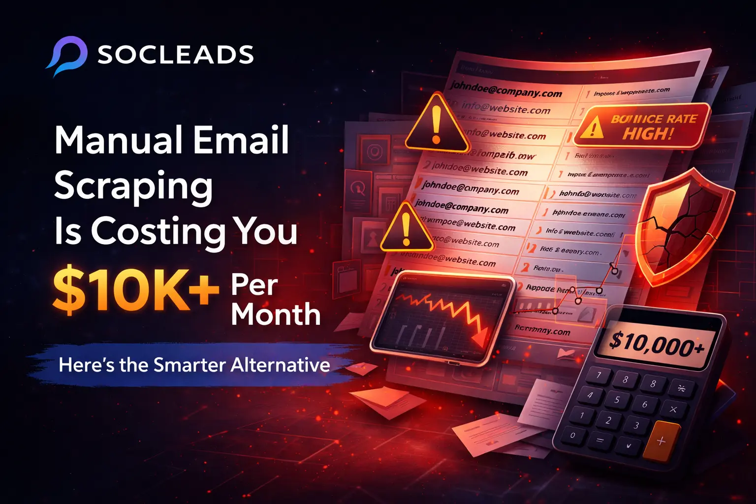 Manual email scraping cost illustration showing declining revenue graph, bounce rate warning, broken shield icon, and SocLeads branding on a dark SaaS background