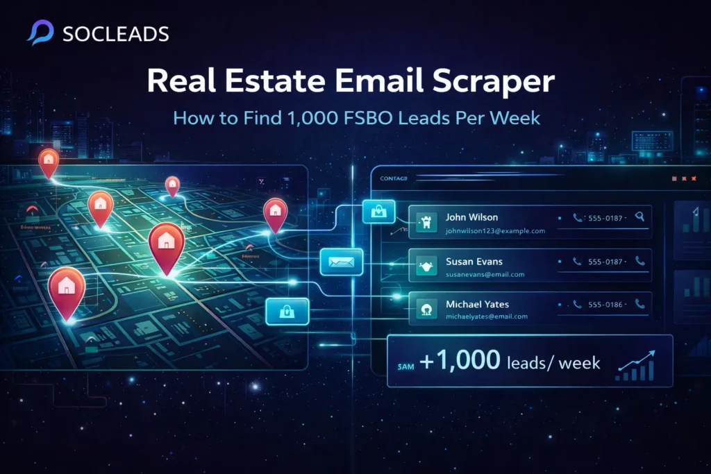 A high-tech digital dashboard by Socleads showing a city map with real estate pin markers connected to a contact list of FSBO leads, featuring names, emails, and phone numbers with a growth metric of +1,000 leads per week.