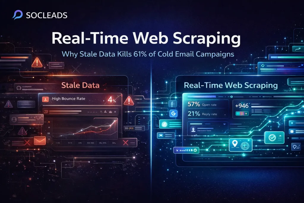 Real-time web scraping vs stale data illustration showing poor cold email performance with outdated lists versus high-performing campaigns with fresh lead data