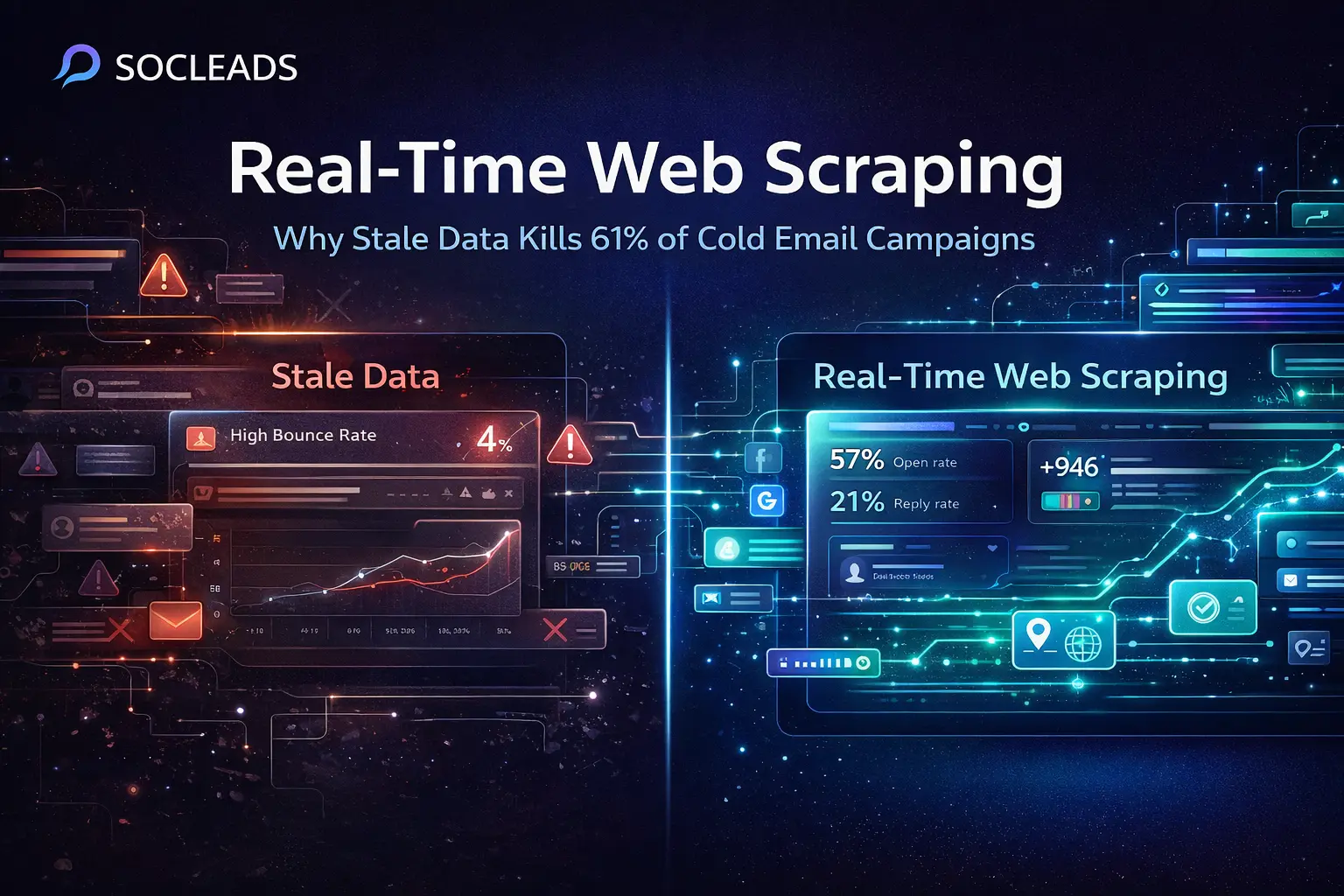 Real-time web scraping vs stale data illustration showing poor cold email performance with outdated lists versus high-performing campaigns with fresh lead data