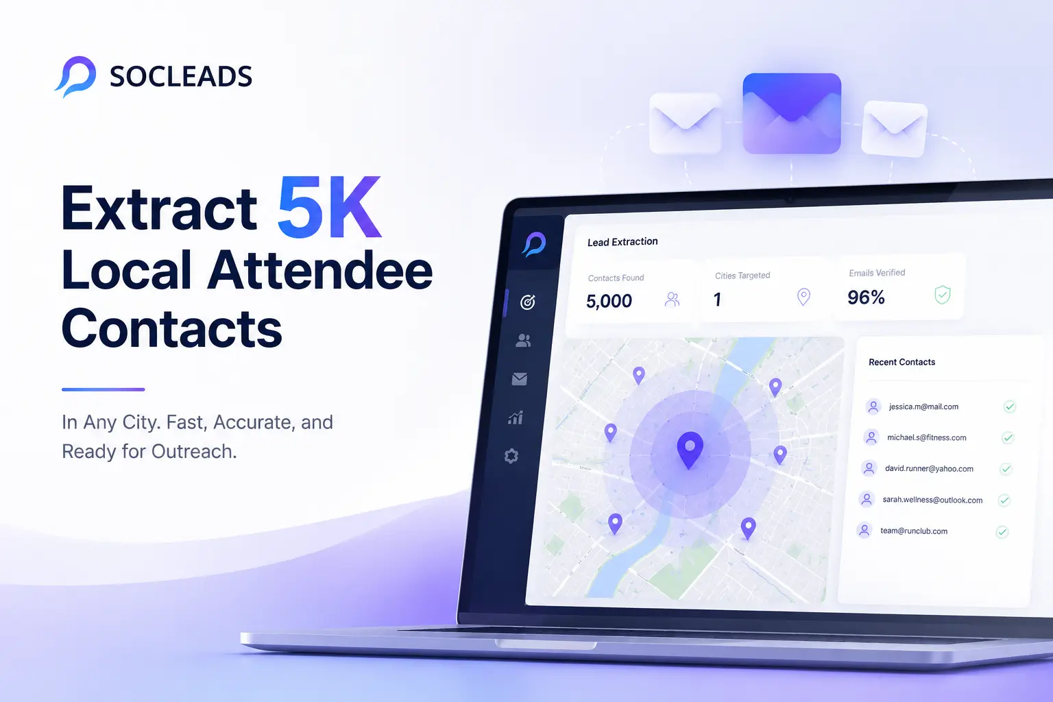 Event promotion email list dashboard showing local attendee contacts and geo-targeted lead generation for a 5K event
