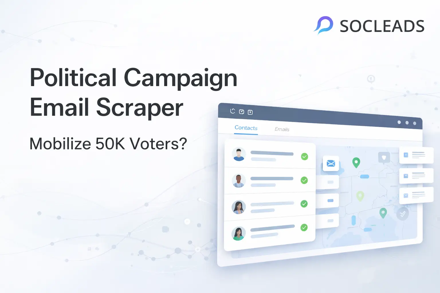 Political campaign email scraper dashboard with verified contacts and segmentation interface, illustrating scalable voter outreach strategy
