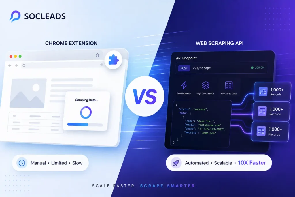 Comparison of web scraping API and Chrome extension interfaces showing automated data extraction speed for scalable lead generation